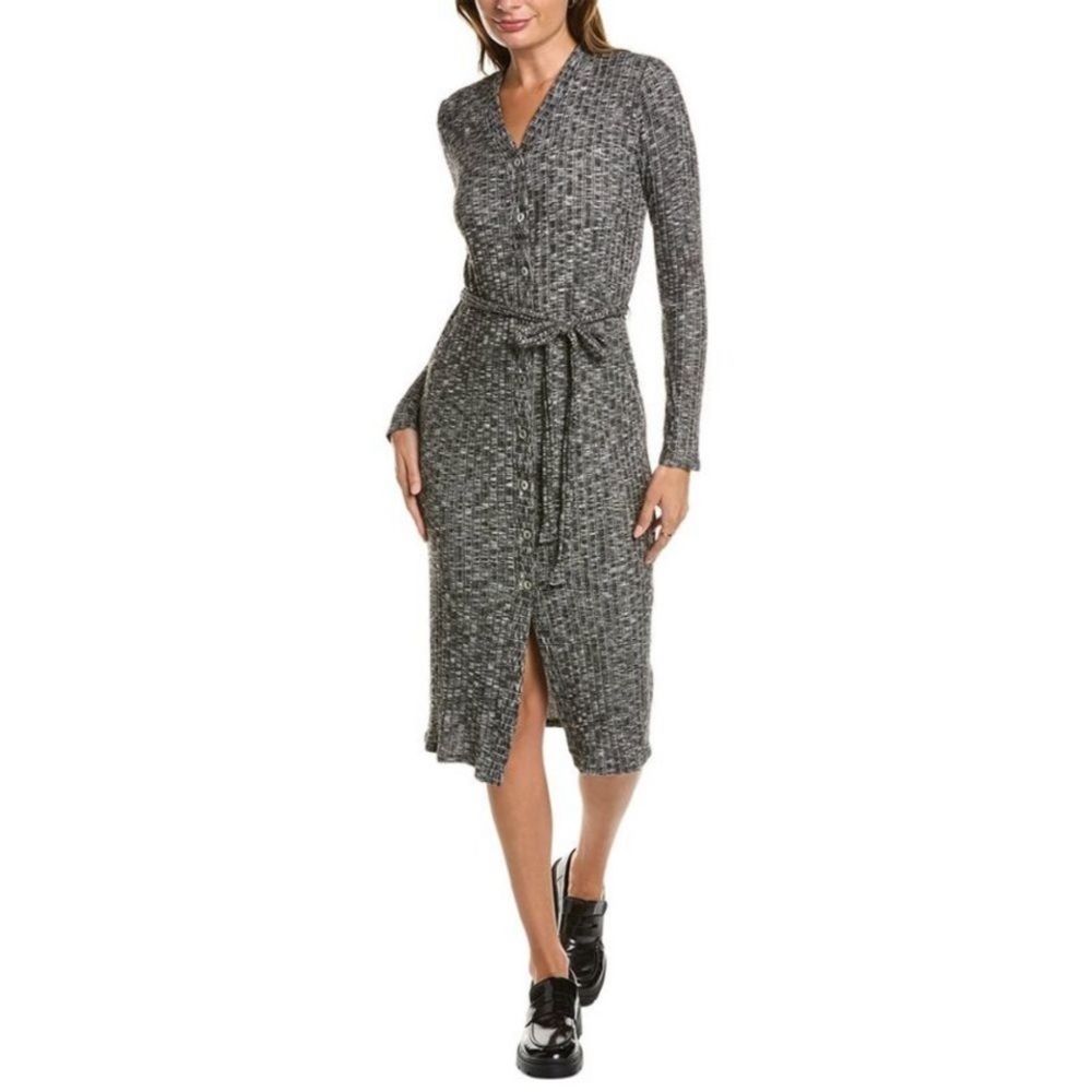 Michael Stars Isa Ribbed Knit Long Button Front Cardigan Black Marl NWT